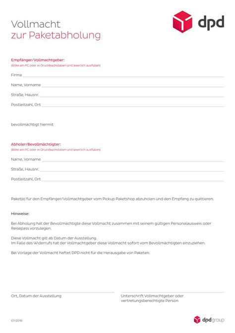dpd abholung vollmacht